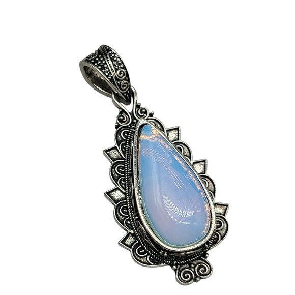 Boho-Style Opalite Teardrop Pendant Repousse Swirl Silver Plated Metal Setting - Picture 3 of 10